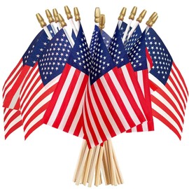 Ahfulife Small American Flags on Stick, 50 Pcs Pre-assembled 5×8 Inch Small American Flag on Stick with Kid-Safe Spear Top, Mini American Hand Held Flags for American Party Decorations