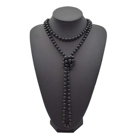 Long Layered Pearl Y Necklace - Boho 6mm Fake Pearls Beaded Choker Layering Statement Necklaces (Black)