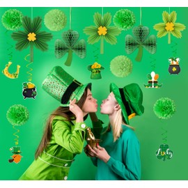 24Pcs St Patricks Day Decorations Shamrock Paper Fans Lucky Banner Honeycomb Hanging Swirls Tissue Pom Poms Decor Set for Ceiling Party