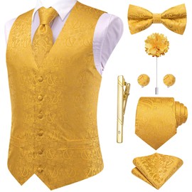 Hi-Tie Yellow Gold Paisley Silk Suit Vest Set for Mens Tie Bowtie Lapel Pin Gold Tie Clip Paisley Floral Waistcoat 8PCS Set Tuxedo Wedding Party