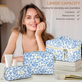 TOPALL Makeup Bag,Cosmetic Bag,Floral Cotton Quilted Makeup Bag,Classic Toiletry Bag,Cosmetic Pouch,Makeup Bag for Women Girls,Blue Flower 1PCS(Large)