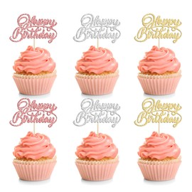 24 piezas de decoración para magdalenas de cumpleaños con purpurina, para celebrar fiestas de cumpleaños, suministros de decoración de pasteles, oro, oro rosa, plata