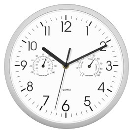 Foxtop Wall Clock with Thermometer Hygrometer, Indoor Semi-outdoor Modern Silent Non-Ticking Outside Temperature Clock for Garden Kitchen Bathroom Bedroom Living Room Office (Silver, 10 inch)
