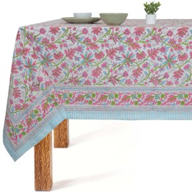 VISTALOOM Block Print Table Cloth- 54x108 Inch Rectangle 100% Cotton Handmade Pre-Shrink, Washable for Spring, Kitchen & Dining Perfect for Patio, Indoor & Outdoor, Farmhouse