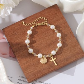 First Communion Gifts for Girls,1st Communion Gifts for Girls, Religious Christian Bracelet Gifts, First Communion Decorations Gifts Rosary Beads Cross Bracelet for Danghter Goddaughter - Pearl L