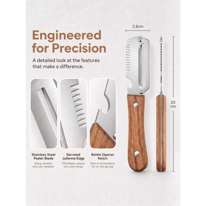 3-in-1 Multifunctional Vegetable Peeler, Curved Stainless Steel Blade Wooden Handle