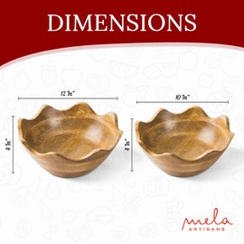 Mela Artisans Wooden Scalloped Bowl - Set of 2, Large & Medium |Mango Wood Natural Grain Finish | 12x4x12” and 10x4x10” | Fits Bread, Fruits, Salad or Popcorn