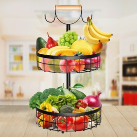SHOUNAJIA 2-Tier Fruit Basket with Banana Holder, Fruit Bowl for Kitchen Counter, Fruit Holder with Banana Hanger and Handle, Metal and Detachable Fruit Stand for Vegetable and Fruit Storage, Black