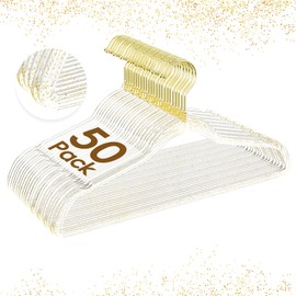 UEAKPIC 50 Pack Clear Plastic Hangers with Gold Glitter, Acrylic Hangers Ultra Slim & Space Saving Suit Hangers for Coats, Pants & Dress Clothes