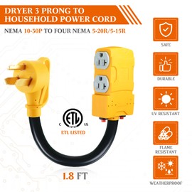 Kanayu 1.8 FT 30 to 20 Amp 110V Dryer Distribution Adapter Compatible with NEMA 10-30P to NEMA 4X 5-20R/ 5-15R, 3 Prong Dryer Wall Socket to Four Household Outlet with 20 Amp Circuit Breaker