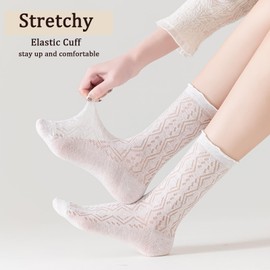 ZANZER (5 Pairs) Ruffle Mesh Crew Socks - Breathable Thin Frilly Ankle Socks with Knit Pattern Sheer