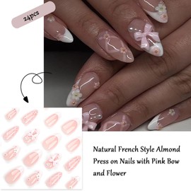 Almond False Nails Medium - French Tip False Nails - Natural French Style Almond Press on Nails with Pink Bow and Flower- Medium Length Glossy Full Cover Glue on - Removable Nails DIY Nail Art