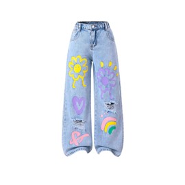 WDIRARA Girl's Cute Print Ripped Baggy Jeans Distressed Straight Leg Denim Pants Light Wash 16Y