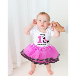 First Birthday Girl Outfit - Mouse Tutu Set (Pink and Black Tutu, 12M Short Sleeves)
