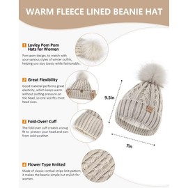 Womens Beanie Hat Scarf Gloves Set, Soft Fleece Lined Winter Hat with Pom Pom, Long Knit Scarf Neck Warmer Touchscreen Gloves for Cold Weather, 3 in 1 Warm Set (White)