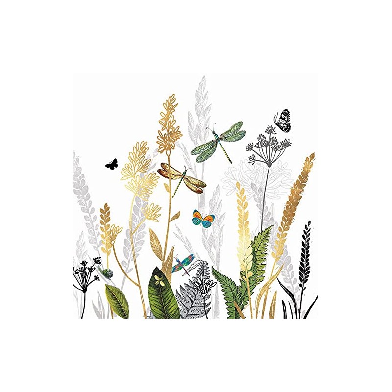 20 Napkins Natural Meadow with Dragonflies, White, Grasses, Flowers, Meadow,