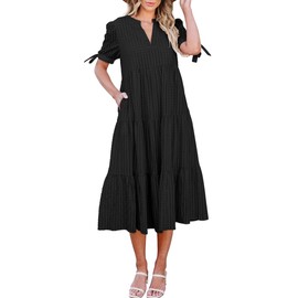 ECOWISH Women Summer Casual Dress - V Neck Short Sleeve Gingham Midi Pleated Tiered Loose Fit Holiday Picnic Dresses Black Medium