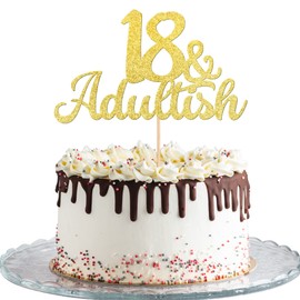 1 decoración para tartas de 18 años y Adultish con purpurina para decoración de tartas de 18 años, suministros de decoración de fiestas de 18 cumpleaños, aniversario, color dorado
