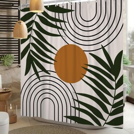 Leowefowa Mid Century Shower Curtain 72x72 Inches Boho Tropical Leaves Abstract Geometric Semicircle Lines Sun Shower Curtain Modern Art Decor Waterproof Durable Set Include Hooks