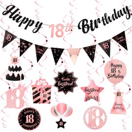 TIHEBAX 18th Birthday Decorations, Rose&Gold 18th Birthday Decorations for Girls Happy 18th Birthday Banner with 10PCS Hanging Swirls Happy 18th Birthday Decorations 18th Birthday Party