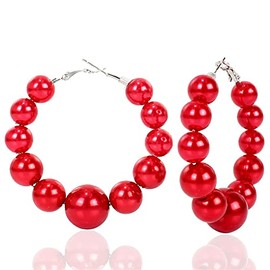 Imitition Pearl Hoop Earrings Colorful Pearl Beaded Circle Dangle Drop Earrings for Women Elegant Jewelry-red