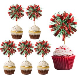 PATIKIL Firework Cupcake Toppers, 30 Pcs Sparkle Tassel Cupcake Picks Birthday Party Graduation Wedding Foil Decor Cocktail Food Fruit Toothpicks Christmas, Green Red