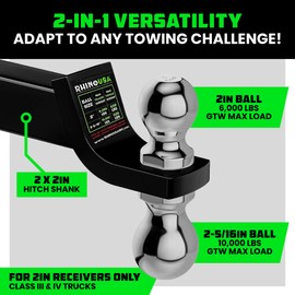 Rhino USA Dual Ball Hitch (Fits 2-Inch Receiver) - Heavy Duty Reversible Tow Hitch for 2 Inch and 2 5/16 Trailers (10,000 LBS GTW) - Weatherproof Anti-Theft Locking Hitch Pin Included