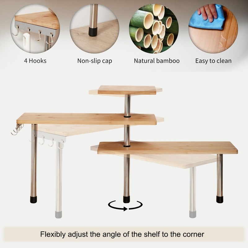 HYNAWIN 3-Tier Corner Shelf, Bamboo & Metal Storage Rack with