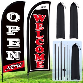 Buryeah 2 Sets Now Open Flag Banner for Business Advertising 7 ft Feather Flag Sign with Flagpole Ground Stake Portable Bag(Black)