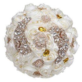 WIFELAI-A Dark Red Wedding Flowers Bridal Bouquets Rhinestone Brooch Flowers Crystal Bride Holding Bouquet White Ivory Satin Roses with Diamond Pearl Ribbon (Dia:8.26inchH:10inch Dark Red W227Q-10)…