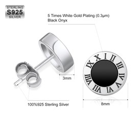 KRKC Silver Men's Stud Earrings, Black S925 Sterling Silver Round/Square/Roman Numbers/Cross/Fleur De Lis Iced CZ Earrings, Nickel-Free Hip Hop Ear Jewellery for Men, S925 Silver