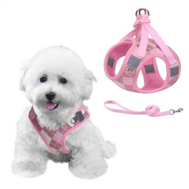 PawSailor Step-in Small Dog Harness and Lead Set No Pull No Choke Plaid Escape Proof Dog Vest Harness Breathable Soft Reflective for Puppy Small Dogs, Cats Pink XS
