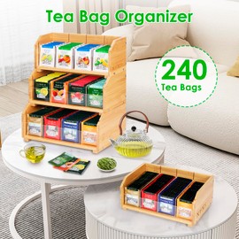 Tea Bag Organizer, 1 Layer Stackable Bamboo Tea Box Organizer Storage Box, Wooden Tea Holder Organizer with 4 Compartments Natural Wood & Acrylic for Countertop Kitchen Cabinet Pantry (1 Tier 02)