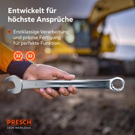 PRESCH Combination Spanner 32 mm – Precision Milled & Extremely Robust Spanner – Ring Spanner 15° Angled for Working in Confined Places – High-Quality Combination Spanner