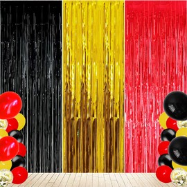 Mickey Birthday Party Supplies, Red Black Gold Fringe Curtains Photo Backdrop for Party Decorations (3 Pack)