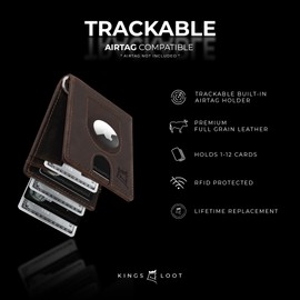 Kings Loot Trackable Airtag Wallet for Men | RFID Blocking Leather Design with Airtag Holder, Money Clip & Pull Tab | Minimalist Air Tag Wallets