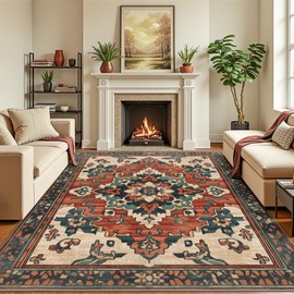 OTAHGK 4x6 Machine Washable Non-Slip Area Rug & Mat - Soft Faux Wool & Polyester, Boho Stain-Resistant Indoor Throw Carpet for Kitchen, Bathroom, Bedroom, Living Room, Low Pile, High Traffic