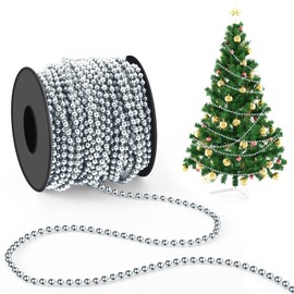 Chuangdi 1 Roll/ 21m Christmas Bead Chain 4mm Sliver Christmas Hanging Decoration Christmas Tree Ornaments Plastic String Garlands for Craft Xmas Tree, Stairs, Wedding, Costume, DIY Party Supplies