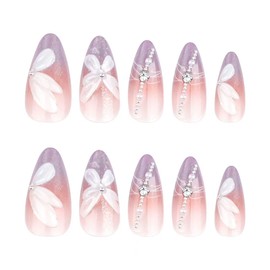Flower Press on Nails Short Almond French Nail Tips Acrylic Nail Kit 3D Rhinestones Charms Nail Art Fake Nails Press ons French Tip Glue on Nails Full Cover False Nails for Women 24 Pcs