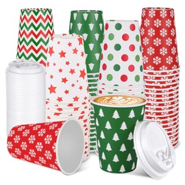 100 Sets Christmas Paper Cups Disposable 12 oz Christmas Coffee Cups with Lids Hot Chocolate Paper Cups for Hot and Cold Drinks Tea Beverage Coffee Bar Supplies