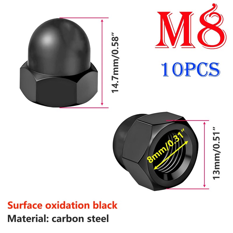 Qrity 10 Pcs Acorn Cap Nuts, M8 Black Carbon Steel