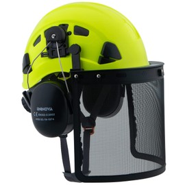 UNINOVA Forestry Chainsaw Arborist Helmet with Mesh Face Shield and Ear Muffs Hearing Protection Logging Trimming Mowing Tree Garden Work OSHA Safety Hard Hat Helmet(A92 Lime+Earmuff+Shield)