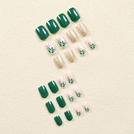 MISUD Press on Nails Short Square Fake Nails Glossy Glue on Nails Spring Green Acrylic Nails Squoval Grass Artificial Nails Bling Gold Glitter Stick on False Nails with Design 24 pcs