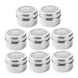 Ipetboom 8pcs Magnetic Stainless Steel Spice Tins with Transparent Lids Multi Purpose Storage Containers for Kitchen Office and Fridge Organization