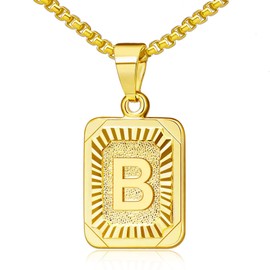 Cupimatch Letter Chain Pendant Gold – Women's Men's Letter A-Z Necklace Stainless Steel Square Shape Alphabet Pendant Necklace Chain with 56 cm Wheat Chain for Men Women, Stainless Steel