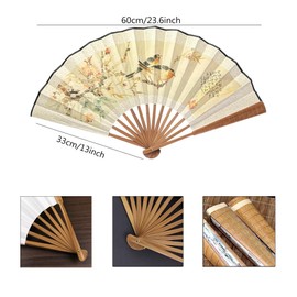 2 Pack Large Folding Hand Fan,13 inch Bamboo Fabric Hand Fans with Chinese Traditional Painting for Decorations,Performance (Horses & Sparrows)