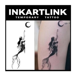 INKARTLINK Temporary Tattoos, 2 Sheets Medium Semi Permanent Tattoo Adult Art Design Waterproof Temp Tattoo Stickers Realistic Look, No Adhesive, Lasts 1-2 Weeks Black (Mermaids)