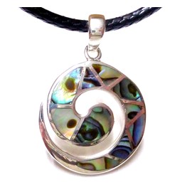 Women's Silver Pendant with Spiral Design Abalone Shell with Snake Textile Cord, Sterling Silver