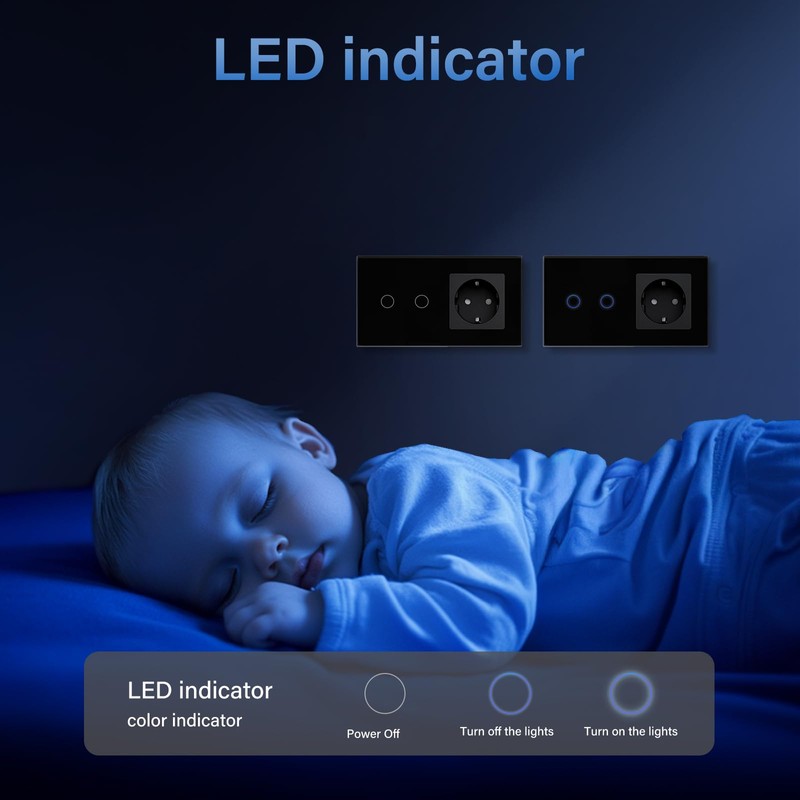 BSEED Touch Light Switch with Socket and LED Interface, 2-Gang,