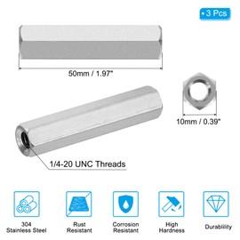 PATIKIL 1/4"-20 UNC 304 Stainless Steel Hex Coupling Nuts, 3Pcs 2" Length Fully Threaded Rod Coupling Nut Studding Connector Fasteners, Silver Tone